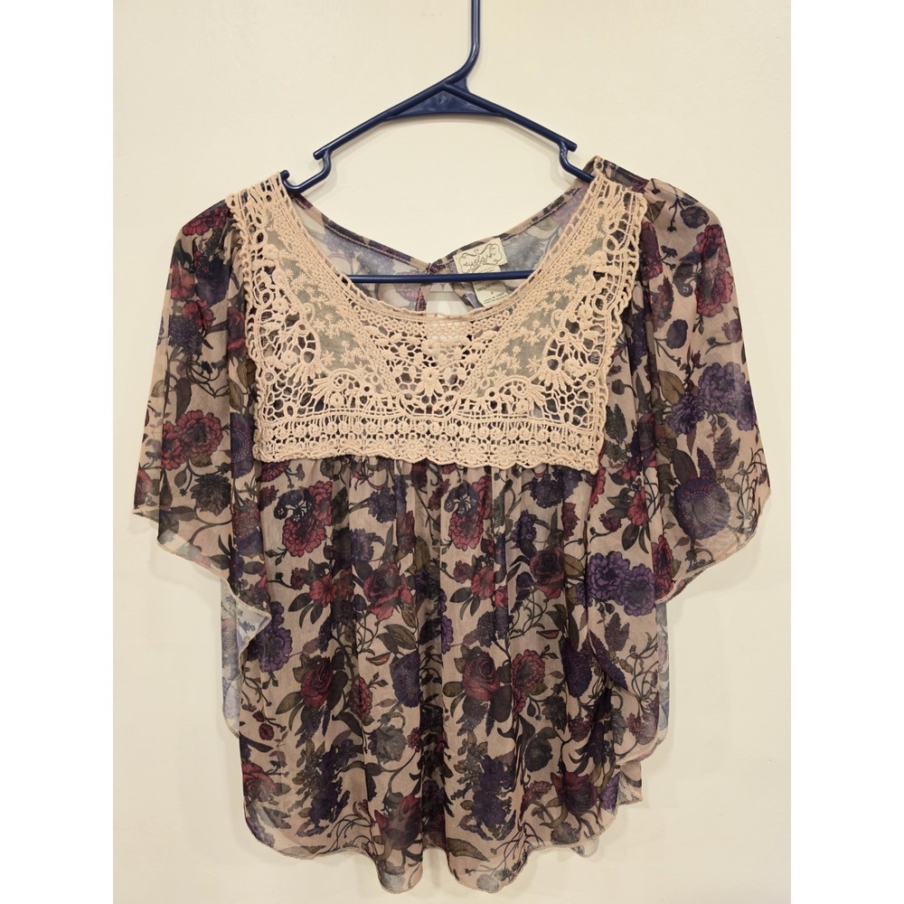 Eyeshadow Couture Floral Crochet Lace Boho Sheer Poncho Blouse Women's S